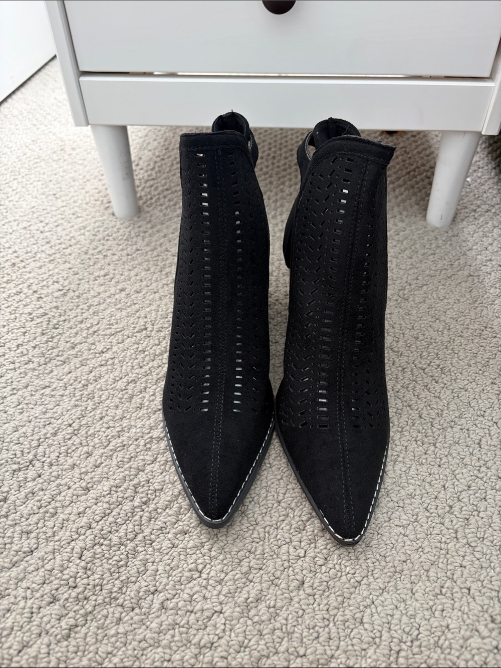 Pointed Toe Perforated Black Suede Ankle Booties